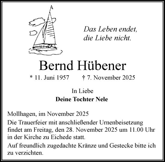 Traueranzeige von Bernd Hübener von MARKT Bad Oldesloe/Reinfeld und Stormarner Tageblatt