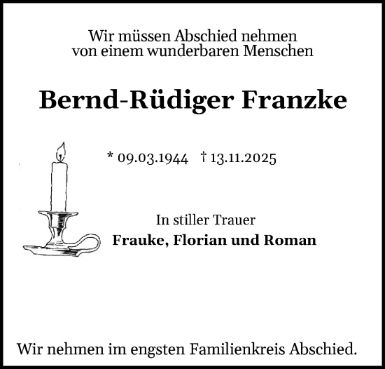Traueranzeige von Bernd-Rüdiger Franzke von Ostholsteiner Anzeiger