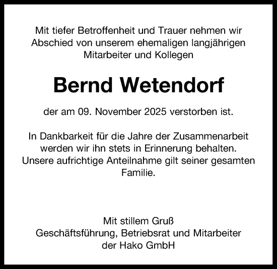 Traueranzeige von Bernd Wetendorf von MARKT Bad Oldesloe/Reinfeld und Stormarner Tageblatt