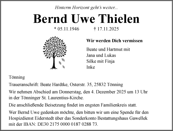 Traueranzeige von Bernd Uwe Thielen von Husumer Nachrichten, Nordfriesland Tageblatt