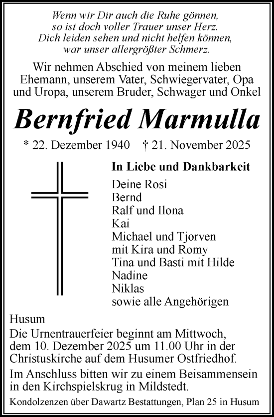 Traueranzeige von Bernfried Marmulla von Husumer Nachrichten, Nordfriesland Tageblatt