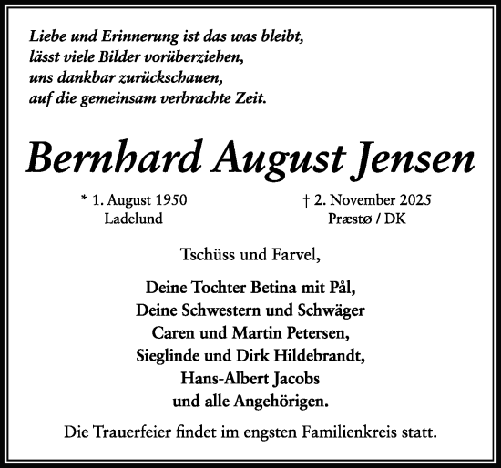 Traueranzeige von Bernhard August Jensen von Region Flensburg