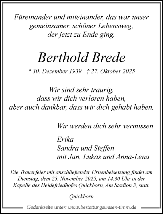 Traueranzeige von Berthold Brede von Umschau