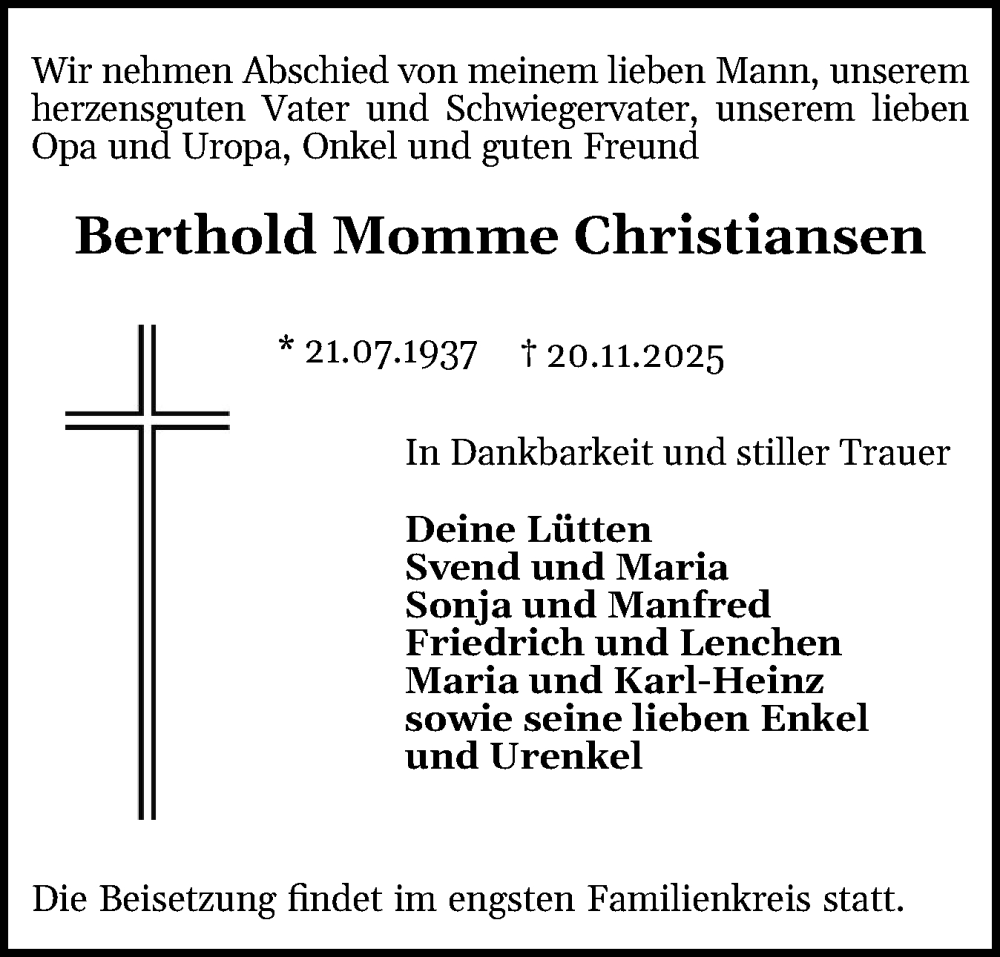  Traueranzeige für Berthold Momme Christiansen vom 29.11.2025 aus Schleswig-Holsteinische Landeszeitung