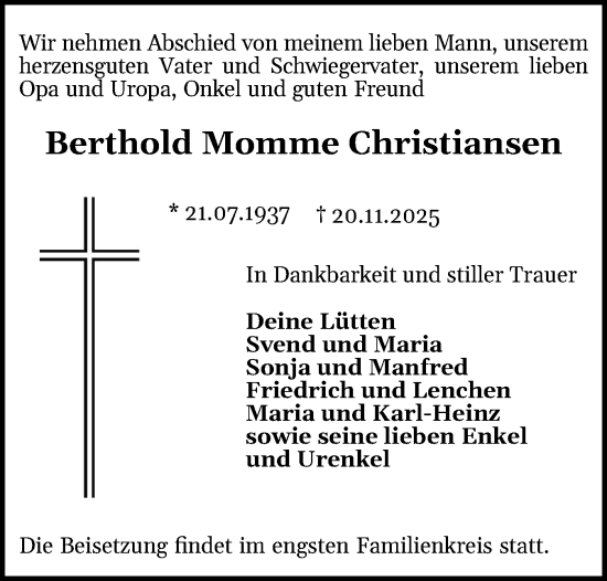 Traueranzeige von Berthold Momme Christiansen von Schleswig-Holsteinische Landeszeitung