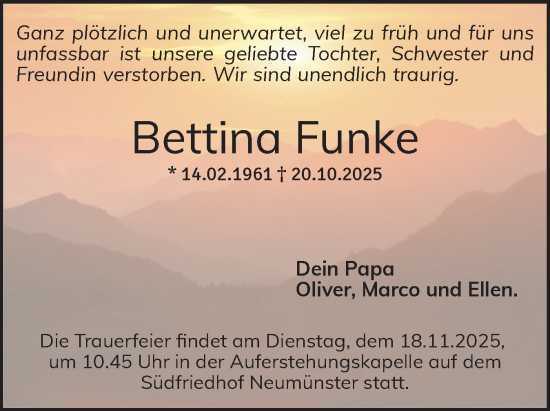Traueranzeige von Bettina Funke von Holsteinischer Courier