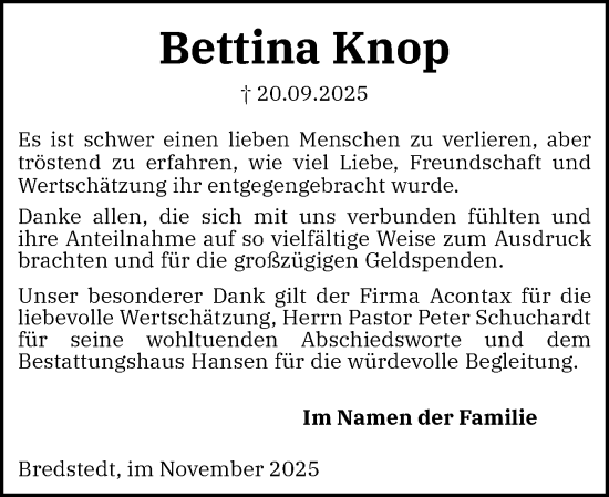 Traueranzeige von Bettina Knop von Region Flensburg