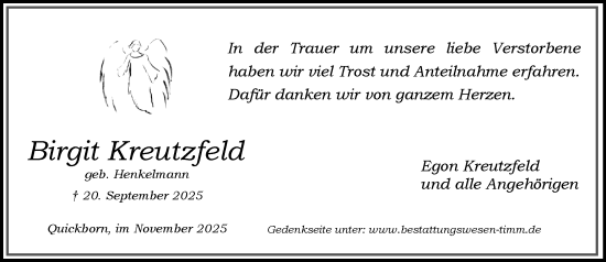 Traueranzeige von Birgit Kreutzfeld von Umschau