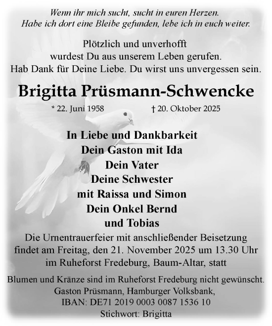 Traueranzeige von Brigitta Prüsmann-Schwencke von MARKT Ratzeburg/Mölln
