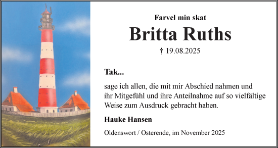 Traueranzeige von Britta Ruths von Husumer Nachrichten, Nordfriesland Tageblatt