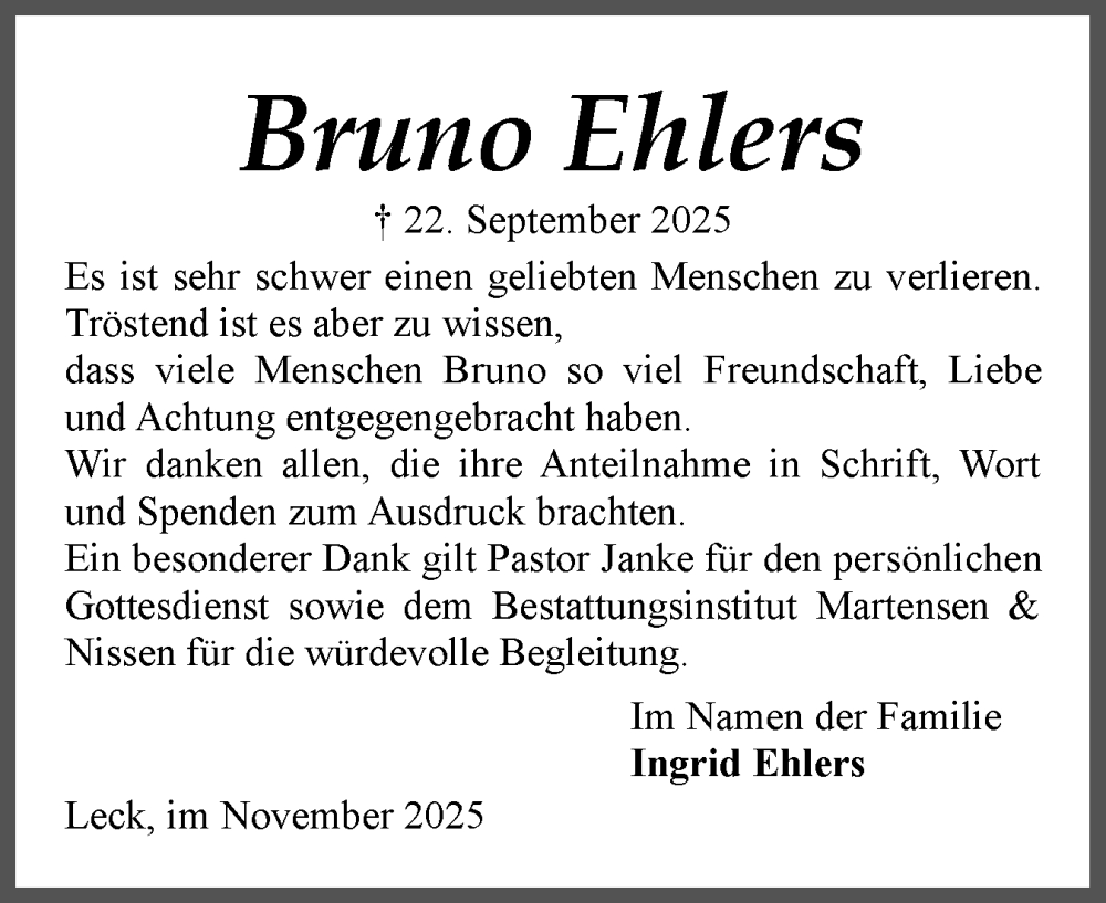  Traueranzeige für Bruno Ehlers vom 08.11.2025 aus Region Westküste