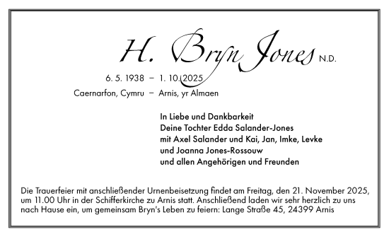 Traueranzeige von Bryn Jones von Schleswiger Nachrichten, Schlei-Bote