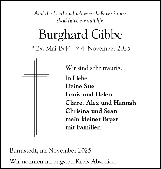 Traueranzeige von Burghard Gibbe von Elmshorner Nachrichten, Barmstedter Zeitung
