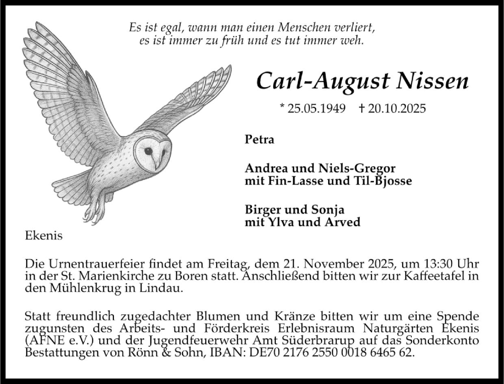  Traueranzeige für Carl-August Nissen vom 15.11.2025 aus Schleswiger Nachrichten, Schlei-Bote