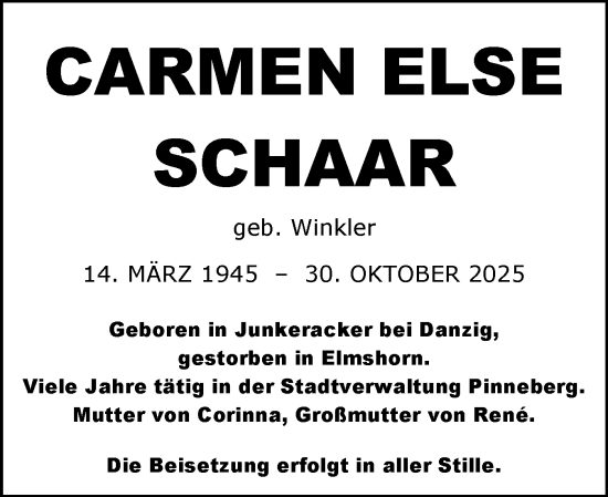 Traueranzeige von Carmen Else Schaar von Region Pinneberg und tip Pinneberg