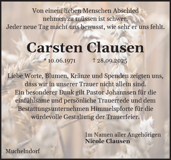 Traueranzeige von Carsten Clausen von Norddeutsche Rundschau, Wilstersche Zeitung, Glückstädter Fortuna