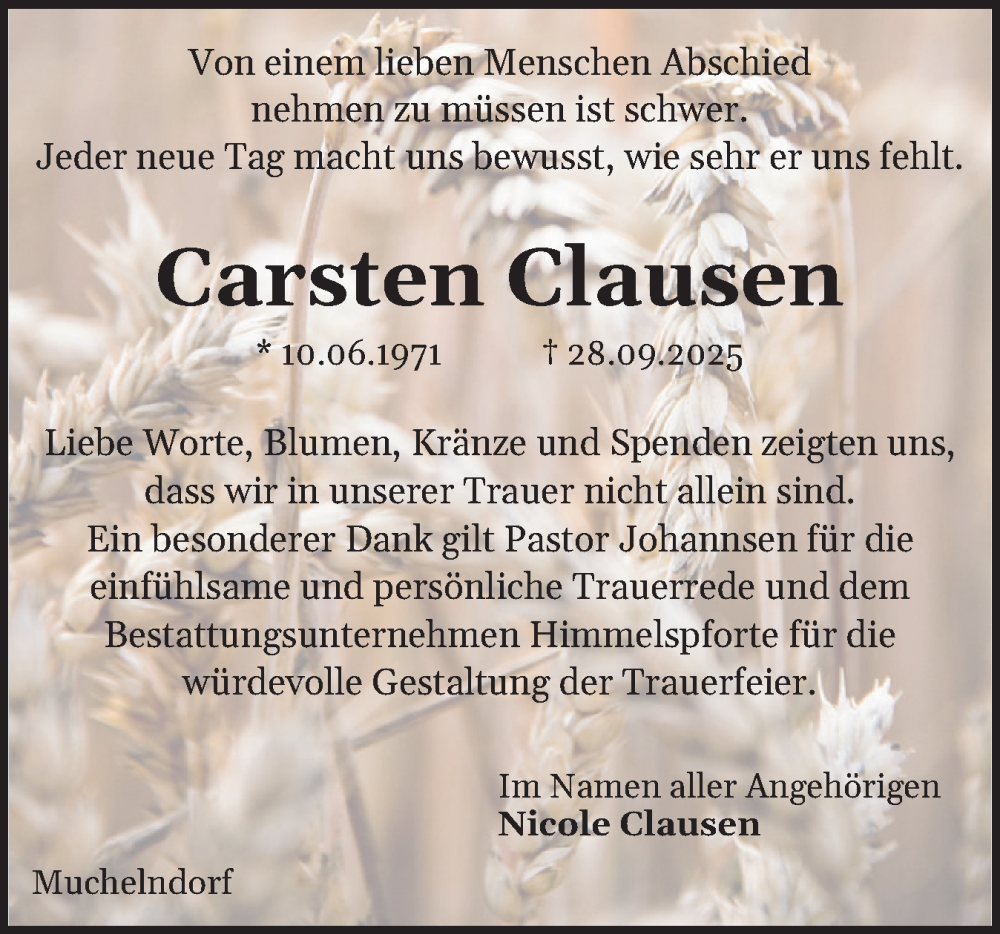  Traueranzeige für Carsten Clausen vom 19.11.2025 aus Norddeutsche Rundschau, Wilstersche Zeitung, Glückstädter Fortuna