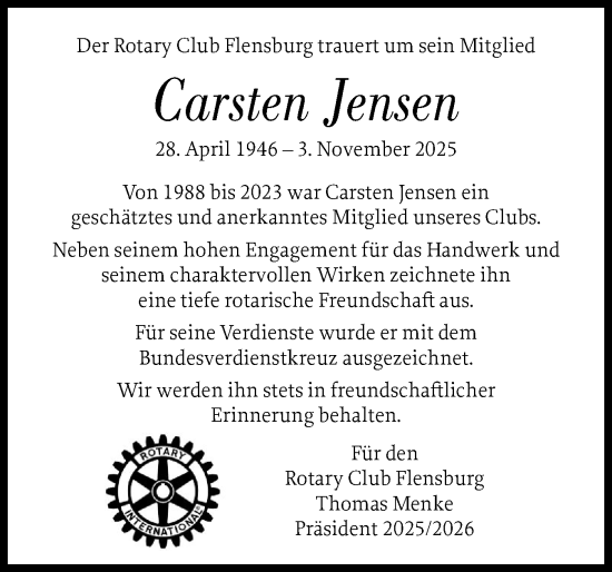 Traueranzeige von Carsten Jensen von Flensburger Tageblatt