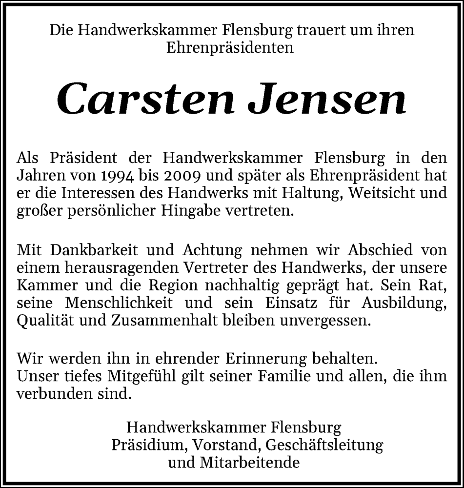  Traueranzeige für Carsten Jensen vom 08.11.2025 aus Region Flensburg