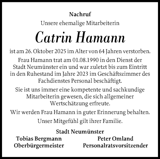 Traueranzeige von Catrin Hamann von Holsteinischer Courier