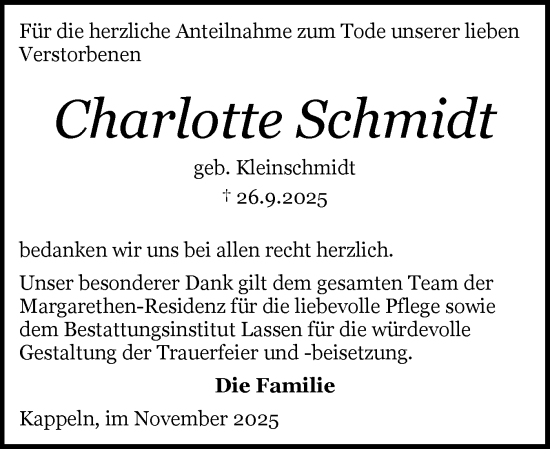 Traueranzeige von Charlotte Schmidt von Schleswiger Nachrichten, Schlei-Bote