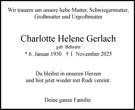 Traueranzeige von Charlotte Helene Gerlach von Uetersener Nachrichten, Der tip am Wochenende