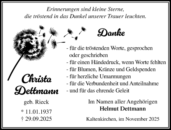 Traueranzeige von Christa Dettmann von Umschau