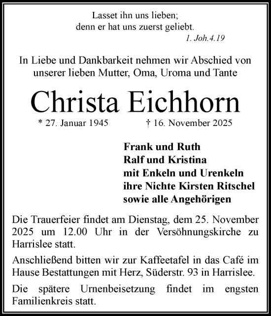 Traueranzeige von Christa Eichhorn von Flensburger Tageblatt