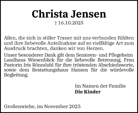 Traueranzeige von Christa Jensen von Region Flensburg