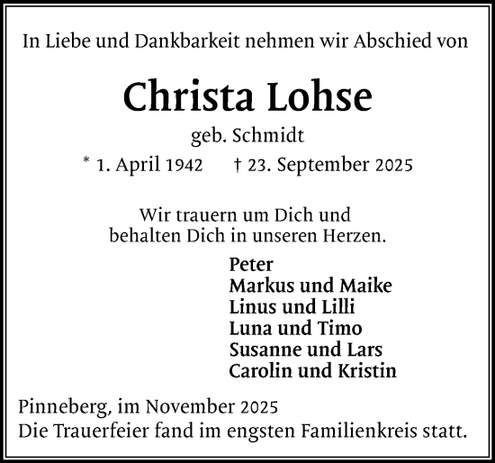 Traueranzeige von Christa Lohse von Region Pinneberg und tip Pinneberg