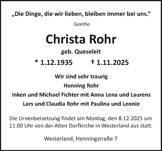 Traueranzeige von Christa Rohr von Sylter Rundschau