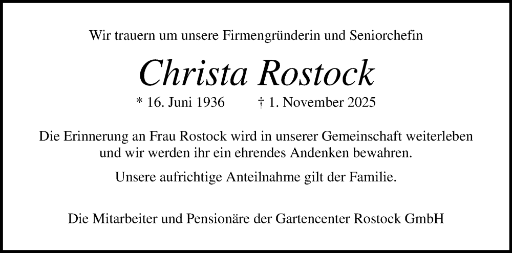  Traueranzeige für Christa Rostock vom 08.11.2025 aus Elmshorner Nachrichten, Barmstedter Zeitung