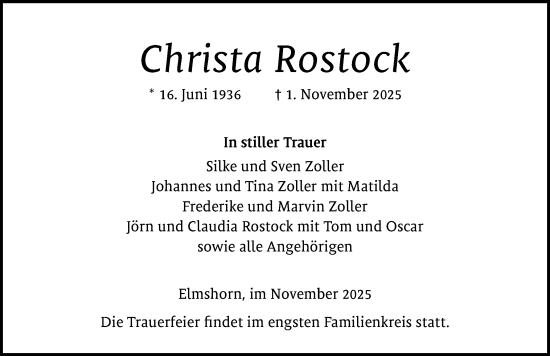 Traueranzeige von Christa Rostock von Elmshorner Nachrichten, Barmstedter Zeitung
