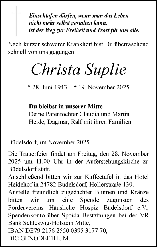 Traueranzeige von Christa Suplie von Schleswig-Holsteinische Landeszeitung