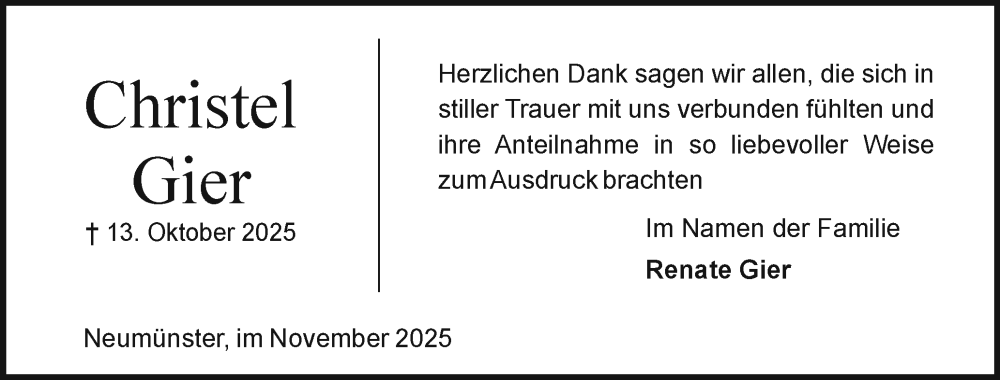  Traueranzeige für Christel Gier vom 29.11.2025 aus Holsteinischer Courier