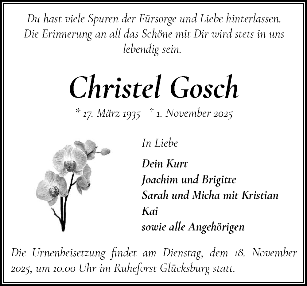  Traueranzeige für Christel Gosch vom 08.11.2025 aus Flensburger Tageblatt