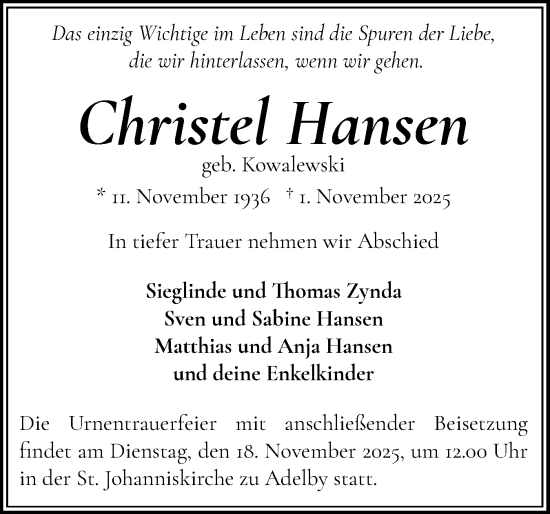 Traueranzeige von Christel Hansen von Flensburger Tageblatt