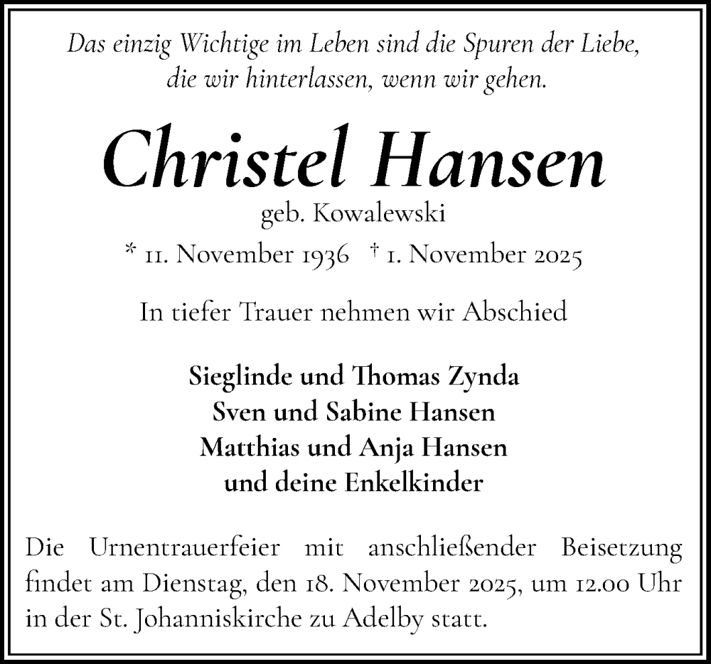  Traueranzeige für Christel Hansen vom 08.11.2025 aus Flensburger Tageblatt