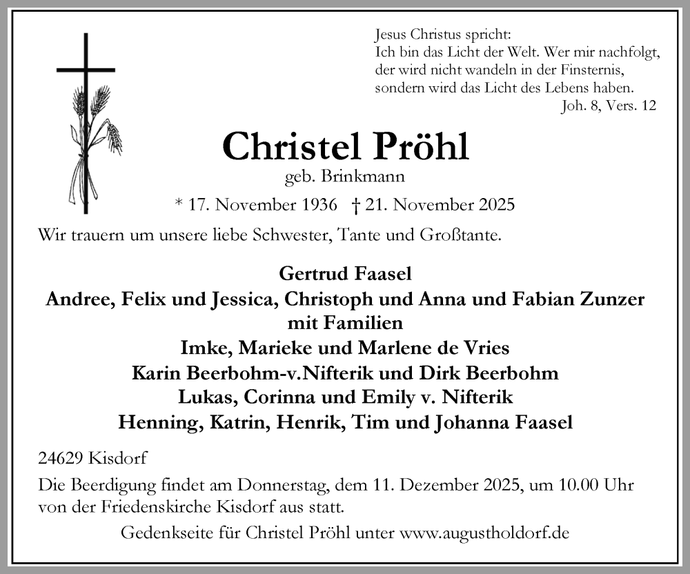  Traueranzeige für Christel Pröhl vom 29.11.2025 aus Umschau