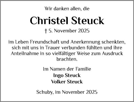 Traueranzeige von Christel Steuck von Schleswiger Nachrichten, Schlei-Bote