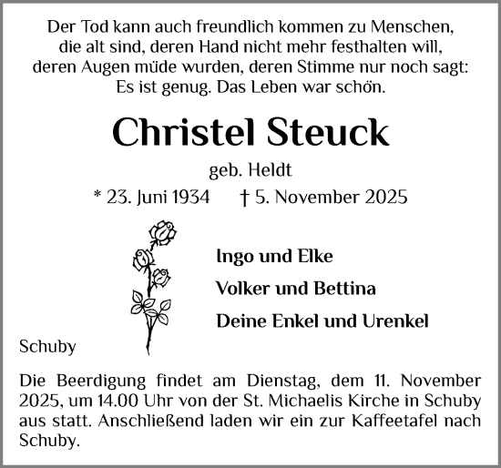 Traueranzeige von Christel Steuck von Schleswiger Nachrichten, Schlei-Bote