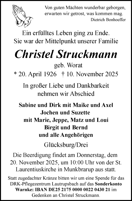 Traueranzeige von Christel Struckmann von Flensburger Tageblatt