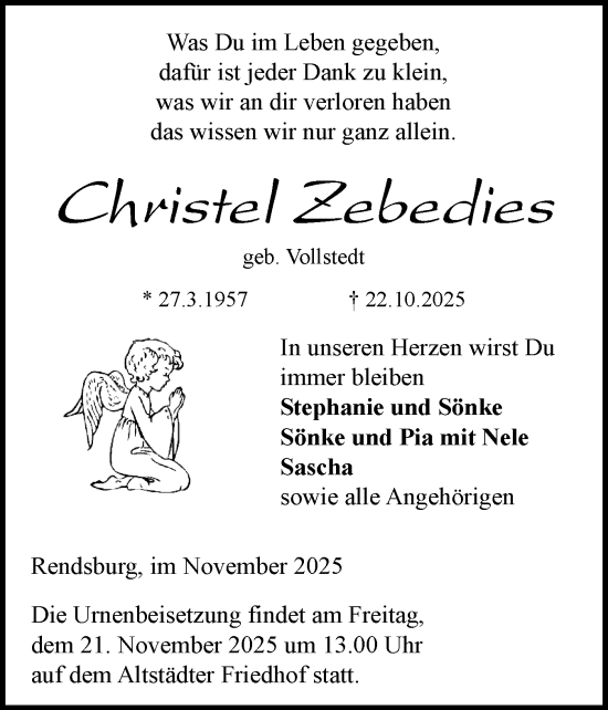 Traueranzeige von Christel Zebedies von Schleswig-Holsteinische Landeszeitung