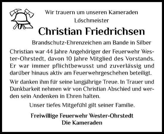 Traueranzeige von Christian Friedrichsen von Husumer Nachrichten, Nordfriesland Tageblatt
