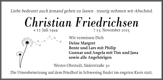 Traueranzeige von Christian Friedrichsen von Husumer Nachrichten, Nordfriesland Tageblatt