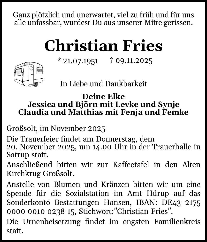  Traueranzeige für Christian Fries vom 15.11.2025 aus Flensburger Tageblatt