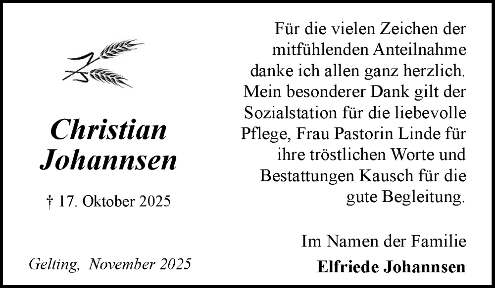  Traueranzeige für Christian Johannsen vom 22.11.2025 aus Flensburger Tageblatt