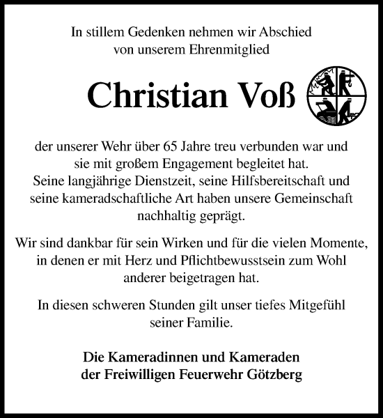 Traueranzeige von Christian Voß von Umschau