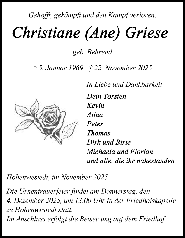  Traueranzeige für Christiane Griese vom 29.11.2025 aus Schleswig-Holsteinische Landeszeitung