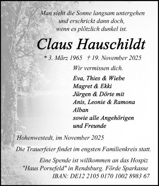 Traueranzeige von Claus Hauschildt von Schleswig-Holsteinische Landeszeitung
